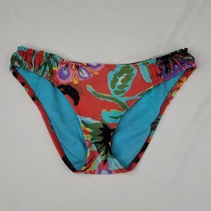 S LUCKY BRAND black red blue floral bikini swimsuit ruched side bottoms SMALL